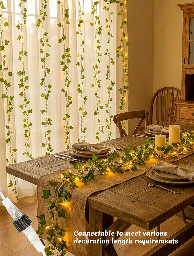 Vines with Fairy Lights,23ft Ivy Leaf Lights Plug in,73 LED Lighted Fake Garland with Remote Indoor Outdoor for Dorm,Bedroom,Wall,Celling,Curtain,Photo,Birthday,Wedding Decor(Warm White)