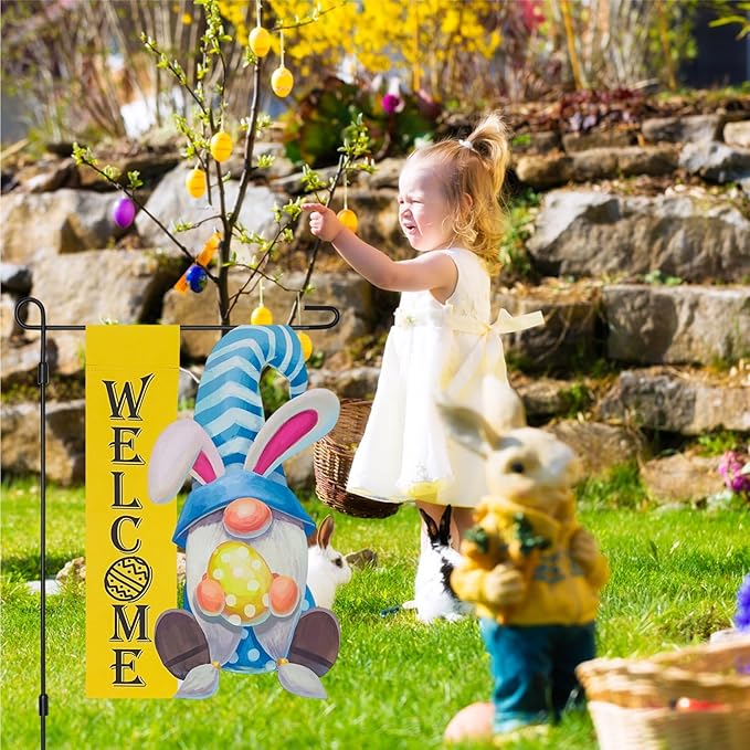 Welcome Easter Gnome Garden Flag, Gnome with Bunny Ears Eggs Blue Yard Outside Decorations, Outdoor Small Vertical Decorative Blackout Flags Double Sided 12 x 18