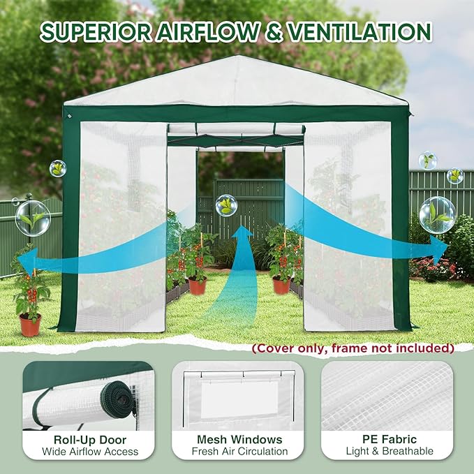 EAGLE PEAK Replacement Cover for 10x10 Pop up Greenhouse with Polyester Reinforced Corners, Front and Rear Roll-Up Zipper Entry Doors and 2 Large Roll-Up Side Windows (Frame Not Included), Green/White