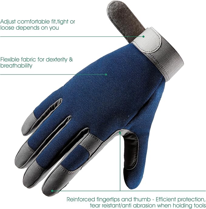 COOLJOB Thorn Proof Garden Gloves with Touchscreen Fingers for Men, Rose Pruning Work Gloves with Palm Cushion for Gardener, Farmer and Landscaper (Navy 1 Pair Medium)