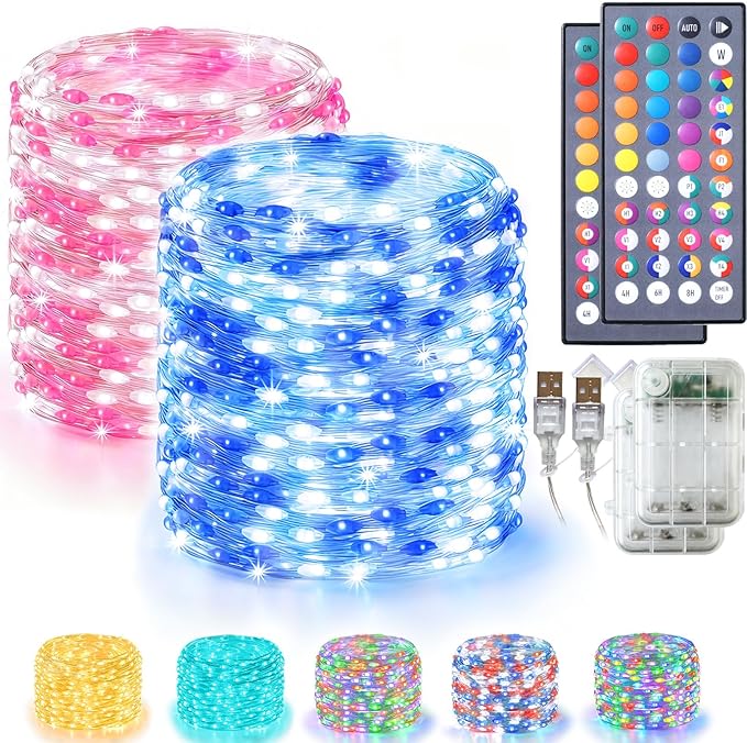 Lovelite Fairy Lights 34 Colors Changing, 2 Pack Total 40FT 120LED Easter String Lights Battery Operated USB Plug in, Waterproof Twinkle Lights with Remote for Holiday Wedding Party Indoor Outdoor