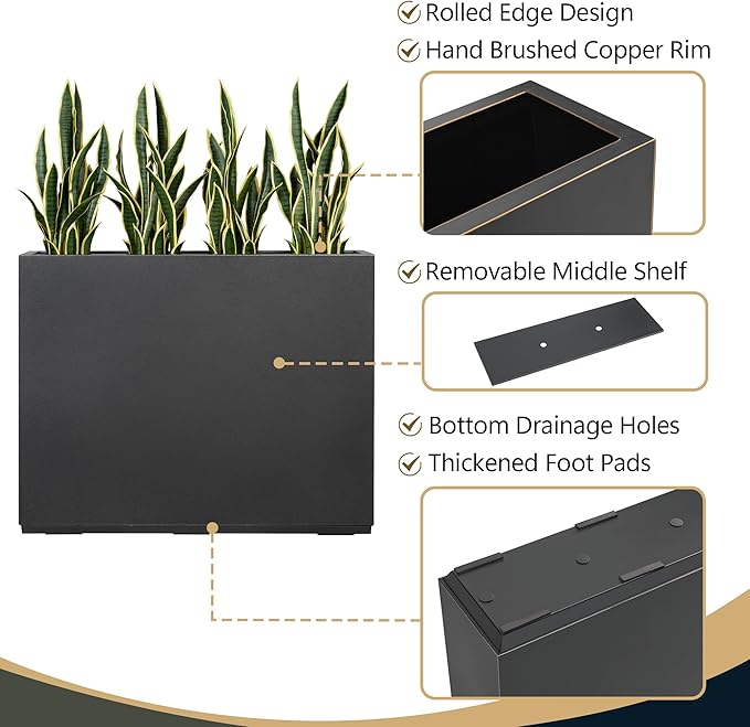Wallowa Metallic Heavy Planter for Outdoor Plants, 38Lx10Wx30H Inches Tall and Long Metal Divider Planter Box for Outside & Indoor, No Assembly Required (Gray)