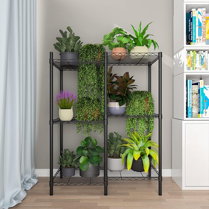 Xiofio 6-Tier Metal Plant Stand for Indoor Outdoor, Multiple Flower Pot Holder, Adjustable for Bedroom, Living Room, Balcony, Garden, Black
