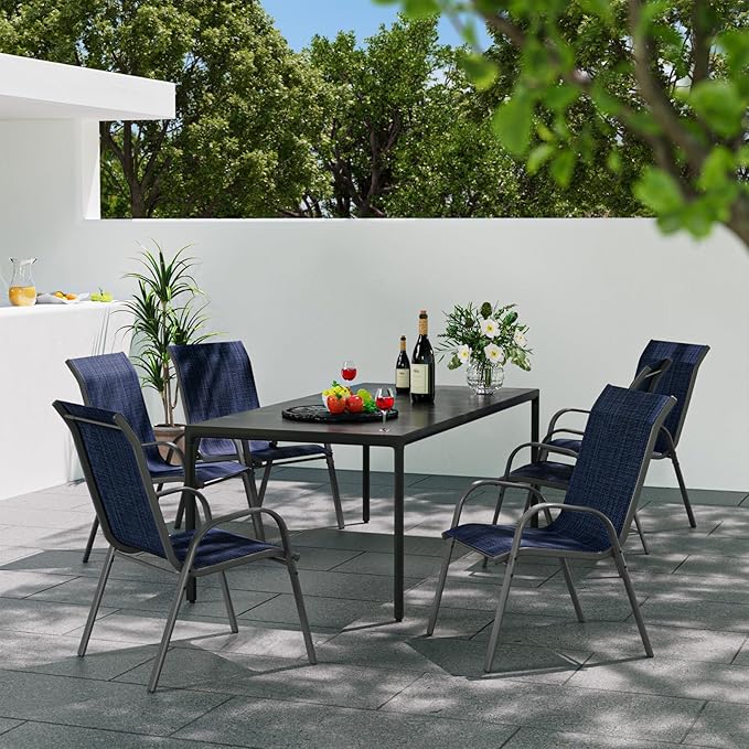 Patio Dining Chairs Set of 8, Outdoor High Stacking Chairs，Breathable Seat Fabric and Alloy Steel Frame for Backyard, Porch, Garden, Sunroom (Blue)