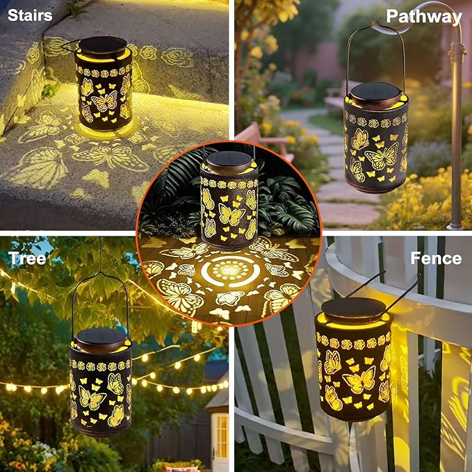 Outdoor Solar Lanterns Waterproof, Monarch Butterfly Decorations, Hanging Metal Butterfly Solar Lantern, Romantic Gift for Her, Valentine’s Day, Birthday or Anniversary Gift for Women Mom