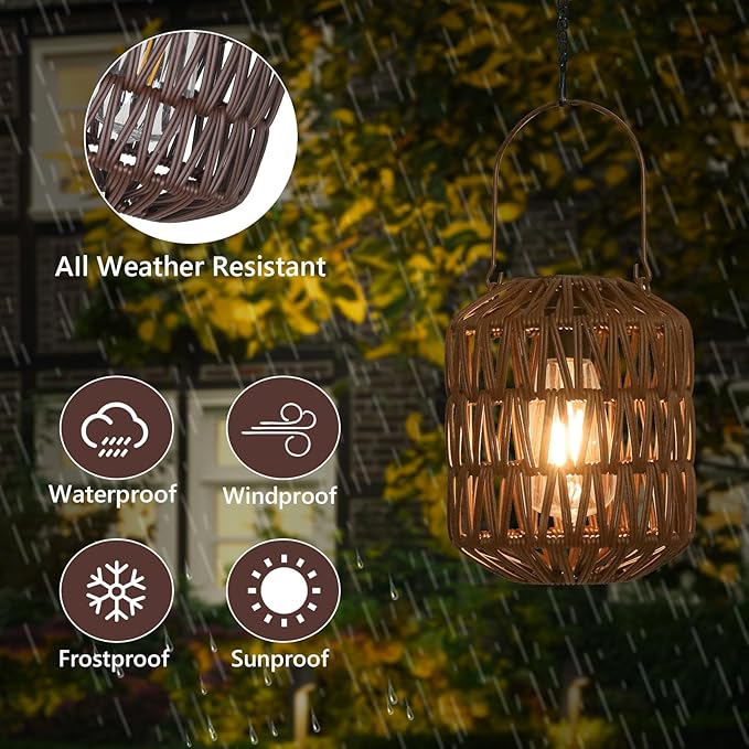 Rattan Outdoor Solar Lanterns, Solar Lights Outdoor Waterproof, 2 Pack Outside Table Lamp, Gardening Lantern Lights Gifts for Women, Hanging Lantern for Yard, Patio, Tree, Tabletop Decoration (Coffee)