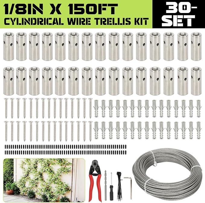 Wire Trellis for Climbing Plants Outdoor, 30-Set Wall Wire Trellis Kit with 1/8" x 150ft Stainless Steel Cable and Cutter, T316 Cylindrical Espalier System for Fence Garden DIY on Concrete Wood Walls