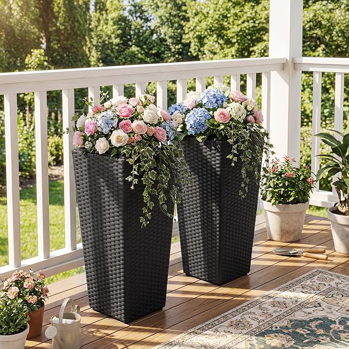 HAPPYGRILL 24" Tall Rattan Plant Pots Set of 2, Outdoor Taper Planter w/Detachable Inner Flower Pots, Metal Frame & Adjustable Foot Pads, Decorative Wicker Planter Boxes for Porch Patio Backyard