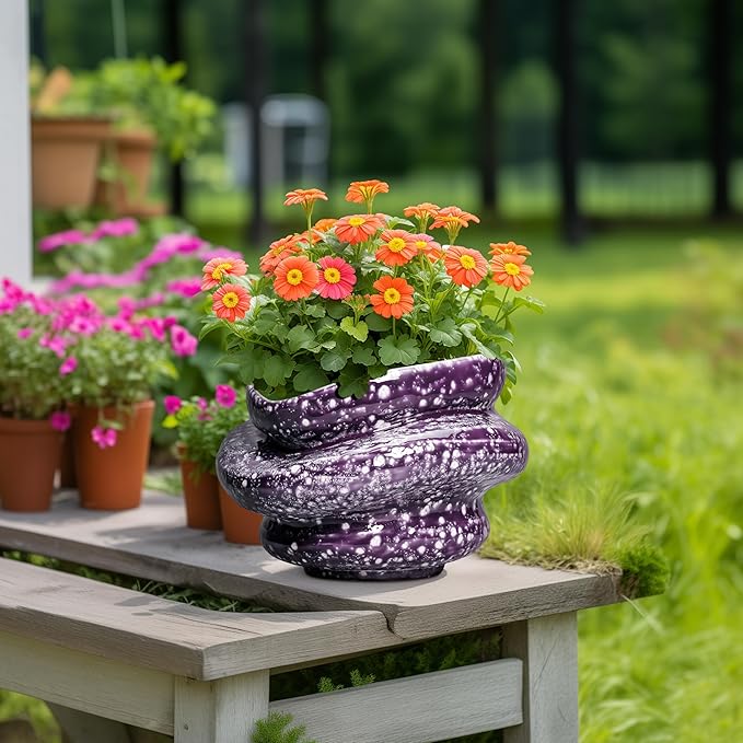 Teagas Ceramic Pots for Plants - 10.6 Inch Ceramic Plant Pots Indoor with Drainage Hole, Unique Planters for Indoor Outdoor Plants, Decorative Planter, Garden Room Decor, Housewarming Gifts, Purple