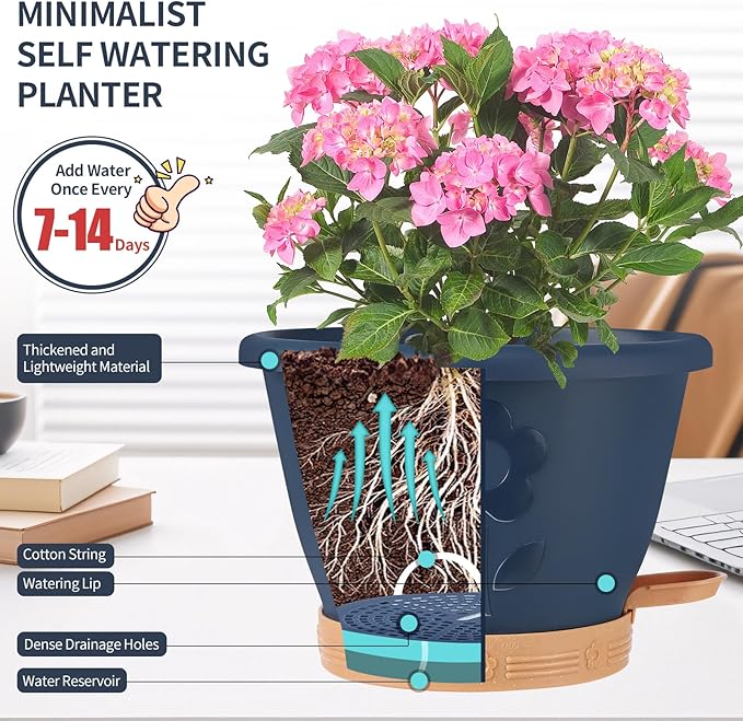 gegemaoyi Plastic Plant Pots 10 Inch Set of 4, Self Watering Pots with Drainage Holes, Saucer & Reservoir, Flower Pots for Indoor/Outdoor Plants, Decorative Nursery Planting Pots (Blue)