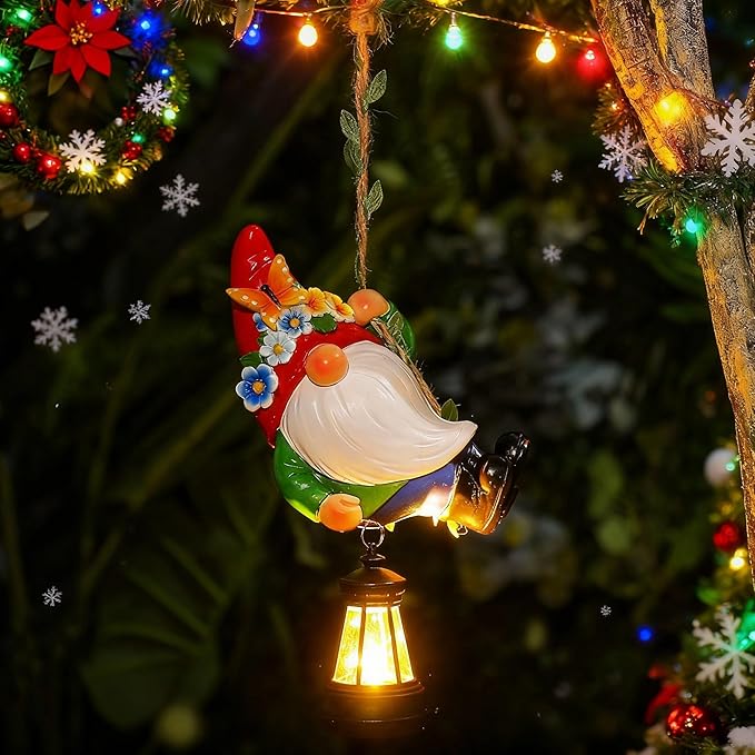 Solar Hanging Gnome Statue 6.3" H Climbing Gnomes with LED Lantern Hook Waterproof Hanging Gnomes Outdoor Decor Tree Yard Porch Wall Decoration Birthday Gift for Mom Women
