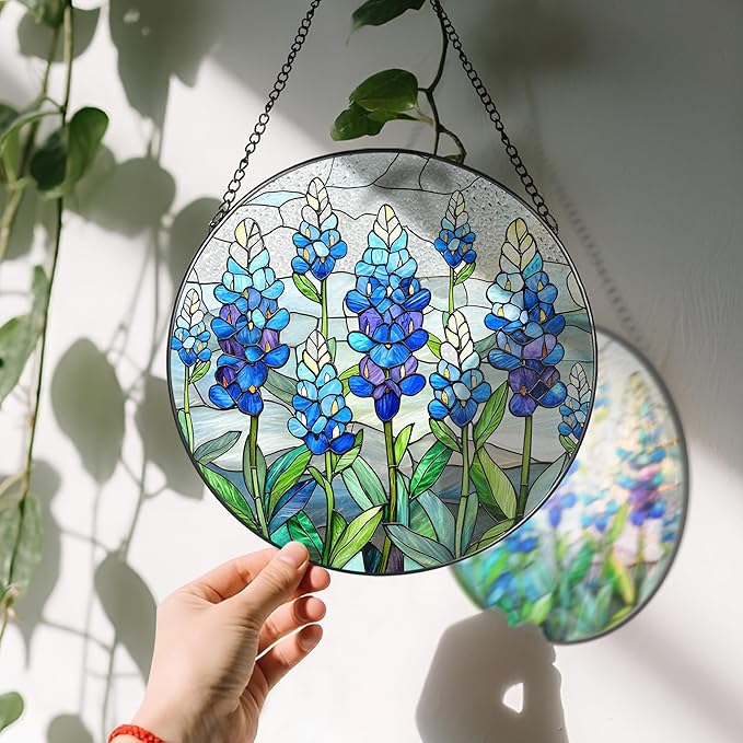 LAOWEIKI 8'' Texas Bluebonnet Sun Catcher Ornament, Stained Glass Window Hanging, Suncatchers for Windows Hanging Ornaments, Window Decor | Flower Lover Gift, Gifts for Mom Grandma