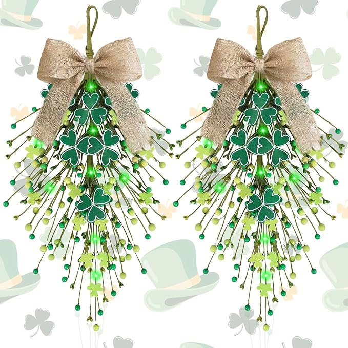 2 PCS St.Patrick's Day Swag Wreath for Front Door St. Patricks Day Teardrop Swags Artificial Felt Shamrock Kitchen Cabinet Swags Wreaths with Green Irish Clover Hanging Decor for Home Wall Window