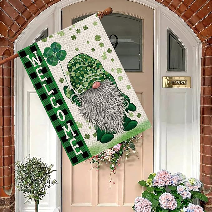 St Patricks Day House Flag Green Gnome Shamrocks Vertical Double Sided Burlap Flag Welcome St.Patrick's Day Holiday Yard Outdoor Decor 28 x 40 Inch