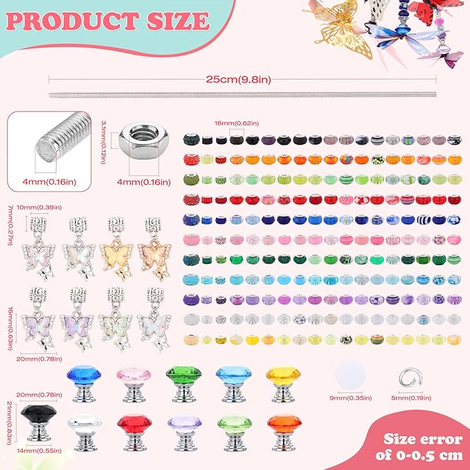 380Pcs Beaded Garden Stake, DIY Fairy Wand Beaded Decorative Butterfly Garden Stake Kit with 12IN Threaded Rod Crystal Stopper Top Large Holes Beads Butterfly Decoration Pendants Outdoor