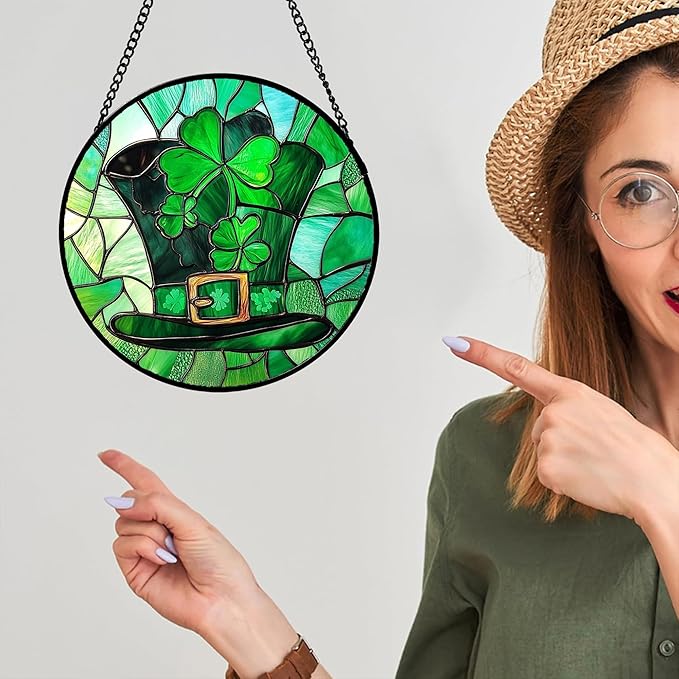 QZQCBLC Stained Glass Window Hanging Green Lucky Clover Hat 7.8" - Suncatcher Door Garden Sun Catcher Ireland Decor Birthday Mother's St. Ripack's Day Gift for Woman Mom Men Friend Nana Wife