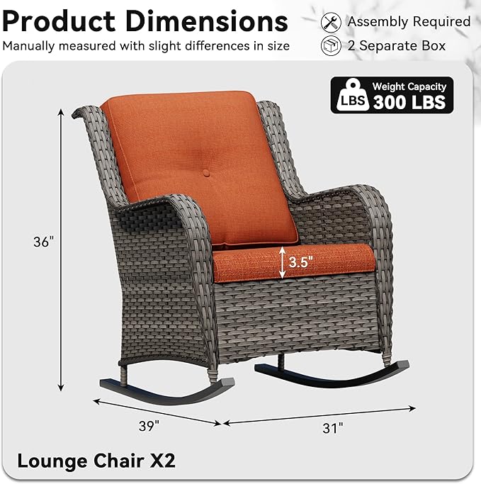 Patio Rocking Chairs Set of 2, Outdoor Wicker Patio Furniture Set 2 Pieces with Thickened Olefin Cushions, High Back and Deep Seating, Hand-Woven PE Rattan for Porch, Deck, Orange