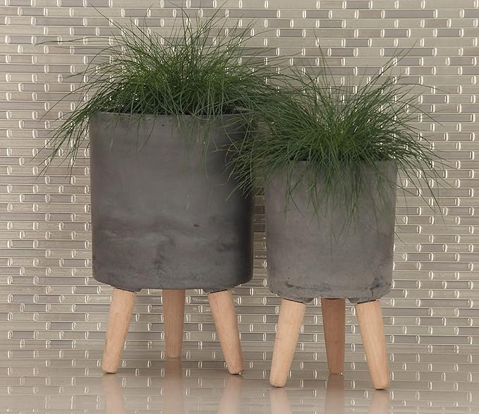 Deco 79 Fiberclay Round Planter with Wood Legs, Set of 3 12", 15", 17"H, Black
