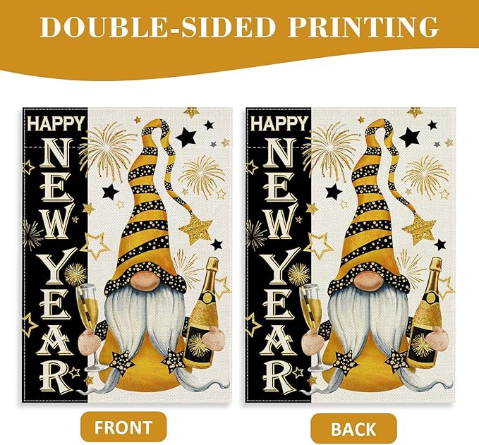 Happy New Year Gnome Decorative Garden Flag, Christmas Winter Celebration Champagne Fireworks Stars Yard Decorations, 2026 Black Gold Outdoor Small Burlap Home Decor Double Sided 12 x 18
