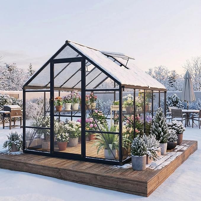 8x10 FT Greenhouse, Polycarbonate Walk-in Greenhouse for Outdoors with Roof Vent & Lockable Outward-Opening Swing Door, Heavy-Duty Aluminum Green House for Garden, Backyard, Patio, Lawn, Dark Grey
