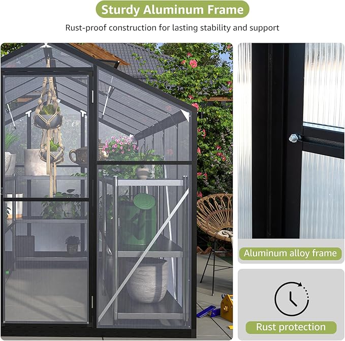 6x10 Ft Greenhouses for Outdoors, UV-Coated Polycarbonate Panels and Aluminium Green Houses for Outside, 2 Roof Vents, Invernaderos para Plantas Exterior, Walk-in Greenhouse Kit for Backyard, Lawn