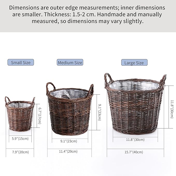 Handwoven Red Willow Planter Basket with Waterproof Liner – Natural Brown Decorative Flower Pot Holder for Indoor Use - Medium Size (Inner Top Ø 10", Inner Height 8")
