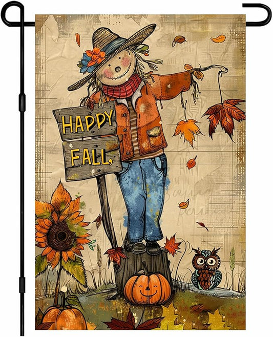 Happy Fall Garden Flag Scarecrow Owl Flag Sunflowers Autumn Leaves Rustic Harvest Season Decor Farmhouse Style 12x18 Inch Double Sided For Front Porch Lawn Patio Seasonal Home Decoration