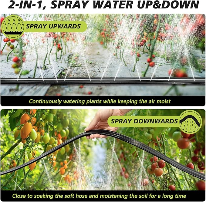 Sprinkler Hose with Holes, Flat Soaker Hose 100 Ft (25 ft 4pack) with Garden Staples and Splitters, Watering Drip Irrigation Hoses for Lawn, Vegetable and Garden Beds (100 ft)