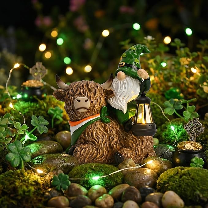 TERESA'S COLLECTIONS St Patricks Decorations for Outdoor Decor,Gnomes Resin Riding Highland Cow and Holding Lantern with Solar Lights for Outside,Shamrock Leprechaun Figurine, Irish Gifts,8.7"