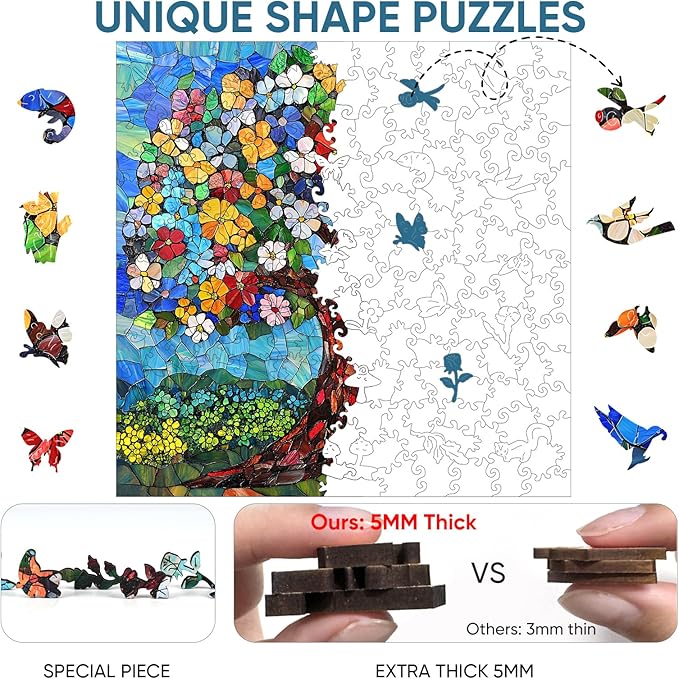 Delobil Puzzles for Adults 500 Pieces, Flower Tree Jigsaw Puzzles, Unique Shaped Stained Glass Wooden Puzzles for Adults and Kids, Plant Art Birthday Gifts Family Game, 15.9 x 15.9 Inches
