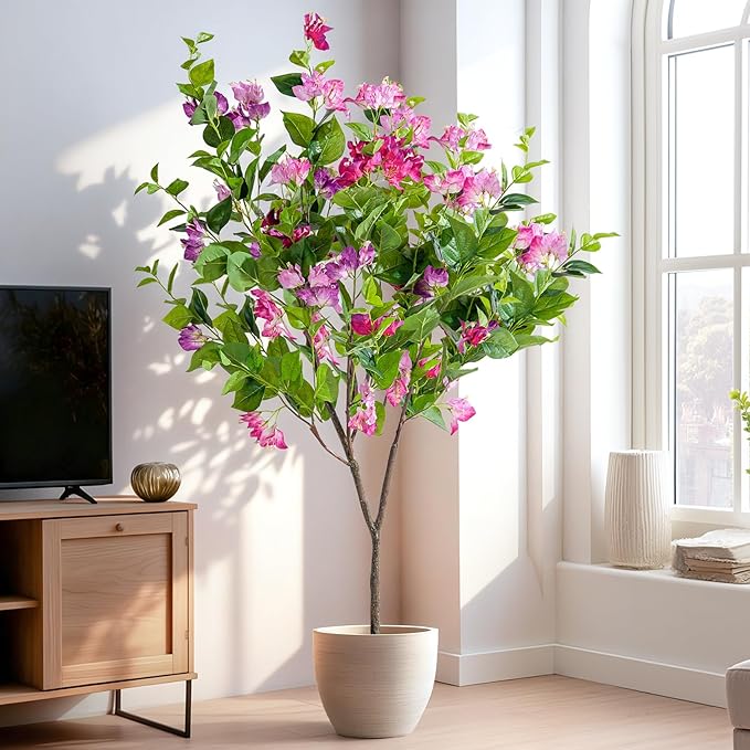 4FT Artificial Bougainvillea Tree Artificial Tree Tall Potted Fake Bougainvillea Trees for Outdoor Indoor Lifelike Potted Faux Plants with Wood Trunk and Flowers Office Wedding Home Decor