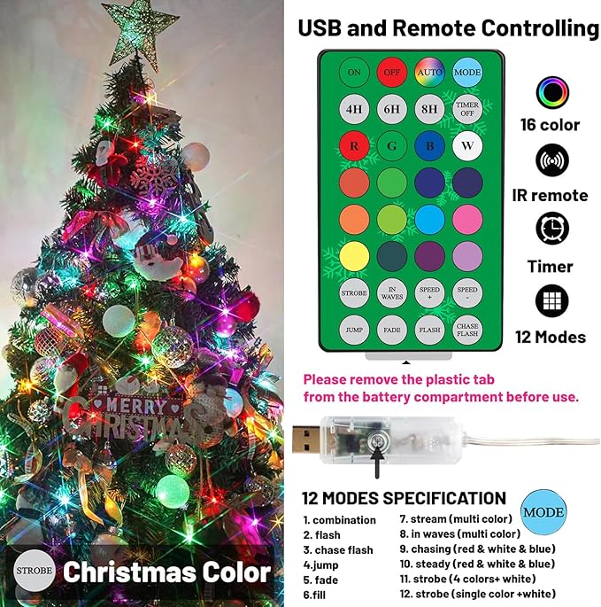 Color Changing Fairy String Lights, 33ft 100 LED Twinkle Lights with Remote & Timer, Multicolor Outdoor Christmas Lights for House Tree 4th of July Bedroom Xmas Indoor Decor