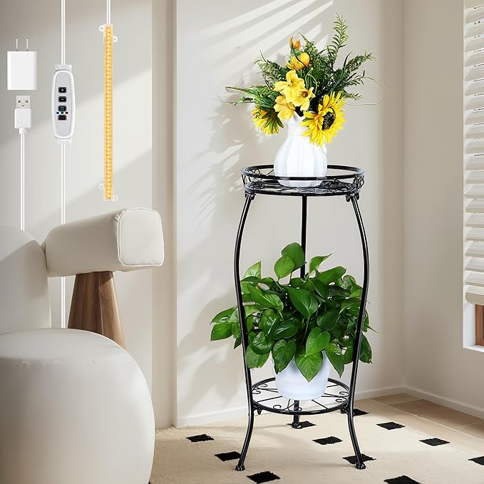 Dunkive Plant Stand indoor Outdoor 2 Tier 27" with Grow Light, Tall Metal Potted Holder Rack Flower Stand Rustproof Iron Heavy Duty Round Plant Shelf for Planter Corner Home Garden Balcony Patio