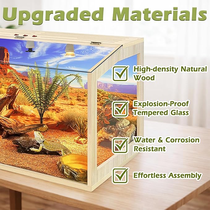 PROLEE Tempered Glass Bearded Dragon Tank,Reptile Tank with Clear Window View, Anti-Scratch Lizard Tank,Spacious Reptile Enclosure for Snakes, Lguanas, Chameleons (Oak, 68Gallons,40"L x 20"W x 20"H)