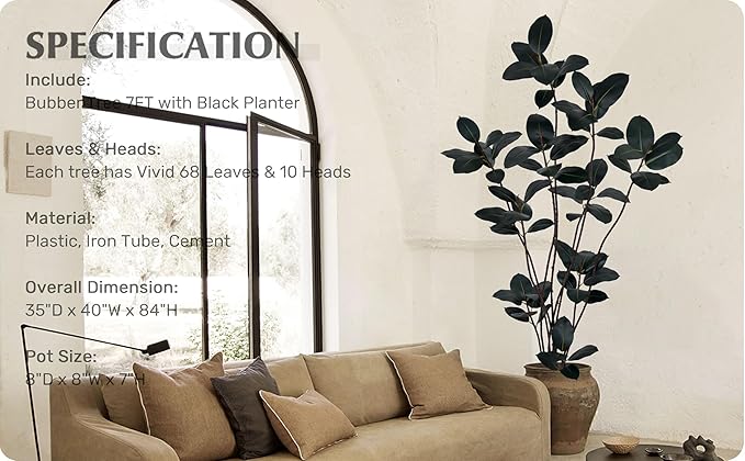 Artificial Rubber Tree 7FT with 68 Glossy Leaves & 10 Heads & Black Pot Cover with Coconut Fiber Realistic Tall Large Faux Tropical Ficus Elastica Plant 84 Inch for Indoor Home Modern Decor