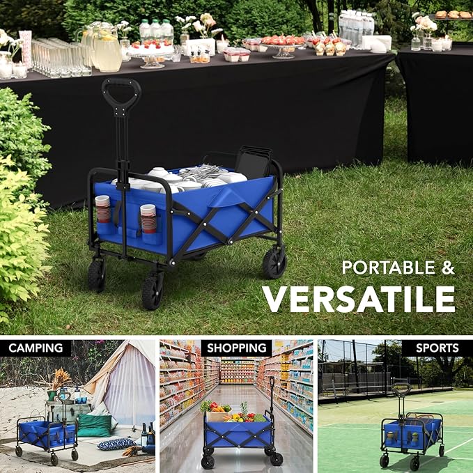Lifetime Home Collapsible Foldable Heavy Duty Utility Wagon Cart with Larger Capacity - Perfect for Shopping, Sports Events, Grocery, Moving, Camping, Laundry, Beach - Blue
