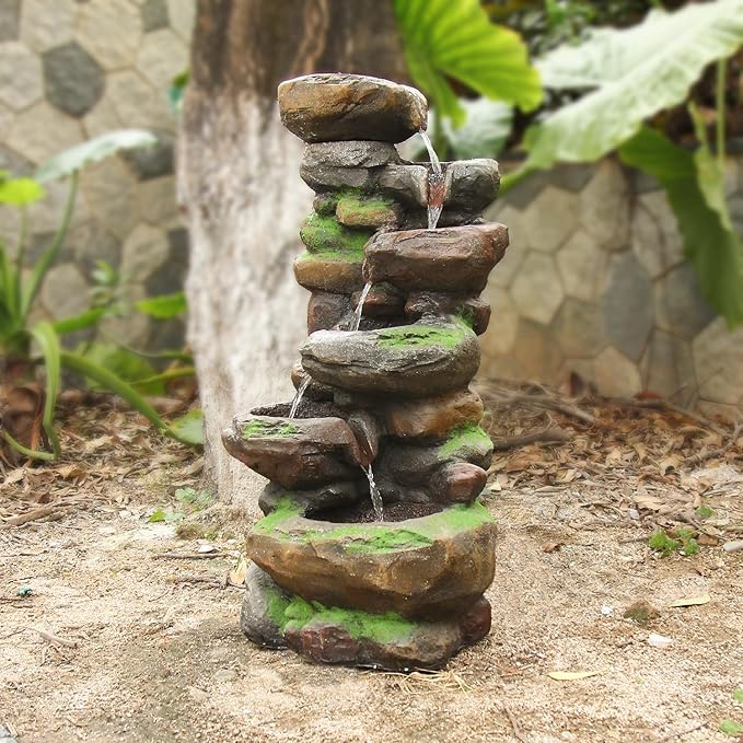 YZM 37.4" H 6-Tiers Cascading Rock Outdoor Water Fountain with LED Lights Outdoor Fountains and Waterfalls for Garden Patio Yard Deck Decor with Natural Stone Look