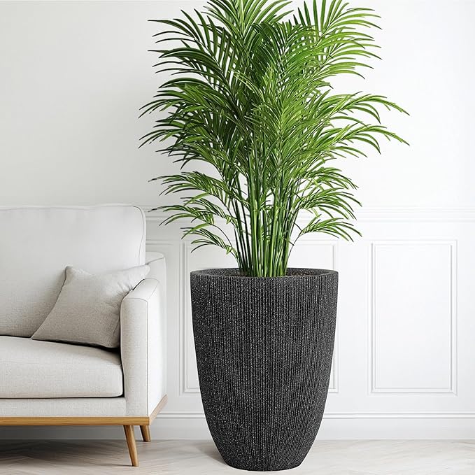 Ultym 19" H Mediterranean Planter for Indoor/Outdoor Plants, Set of 2 Large Flower Pot with Drainage Hole, Weather/UV Resistant Resin Planters for Garden Patio Porch Home Office Decor, Black Fluted