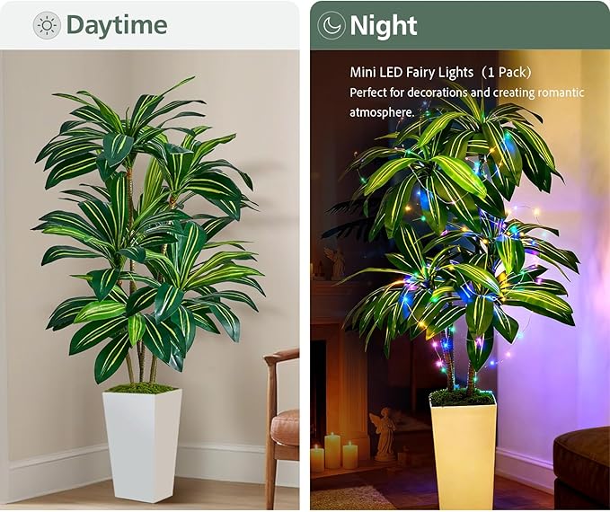 Artificial Dracaena Plant 5FT - Fake Tree with Tall Planter and Fairy Lights, Artificial Trees Faux Yucca Plants Indoor, Fake Plants for Home Office Living Room Decor Christmas