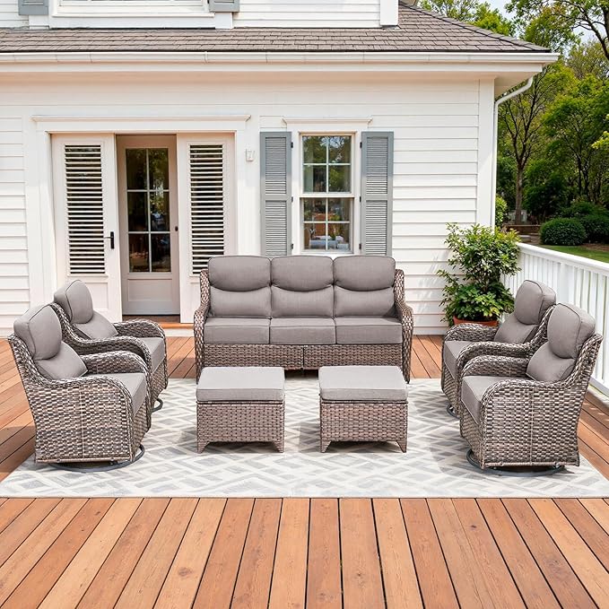 Luxury High Back Patio Furniture Set with 6-Inch Thick Cushions, 7-Pieces Outdoor Furniture with Swivel Chairs, Wicker Conversation Set for Porch, Balcony, Deck and Yard, Brown/Grey