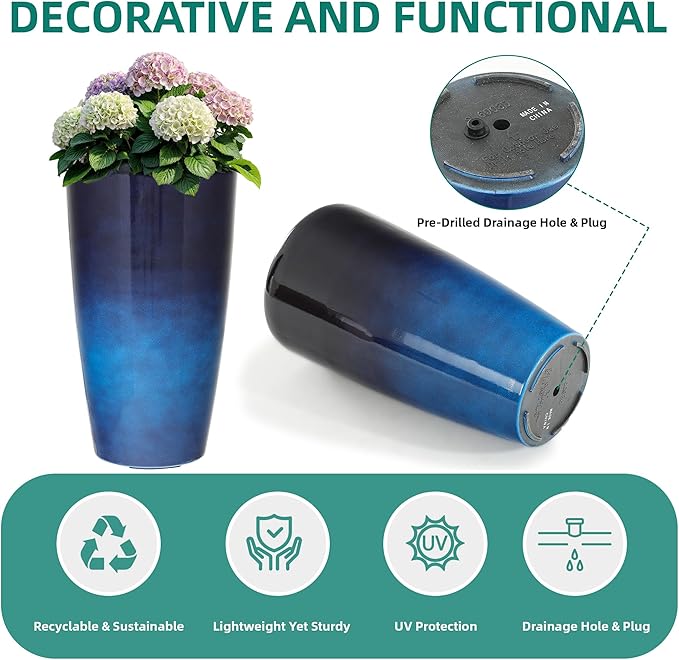 Ultym 22.8" H Gradient Blue Planters for Outdoor Plants, Set of 2 Large Flower Pot with Drainage Hole, Weather-Resistant for Porch,Garden,Patio or Indoor Use