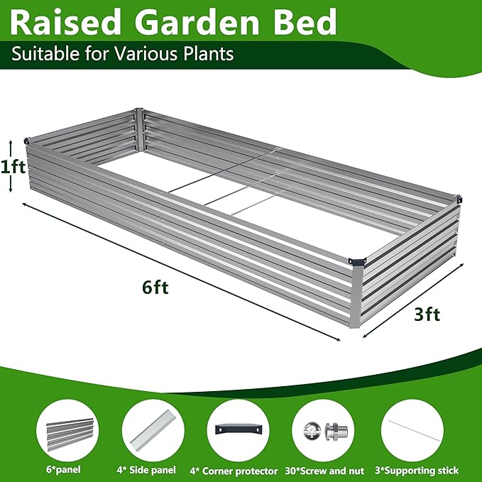 Easllre 2PCS 6x3x1ft Galvanized Raised Garden Bed Kit, Galvanized Planter Raised Garden Boxes Outdoor, Large Metal Raised Garden Beds for Vegetables,Silver
