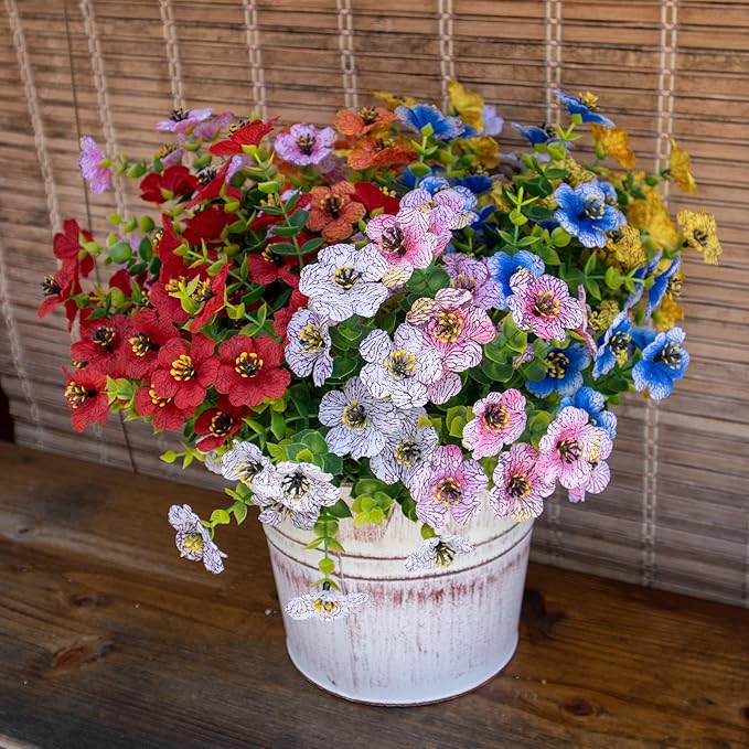 BCBLF Artificial Flowers for Outdoors, 12 Bundles Faux Outdoor Plants, Faux Fake Plants for Porch Patio Yard Planters, Outdoor Faux Flowers, White+Pink+Yellow+Orange+Blue+Red