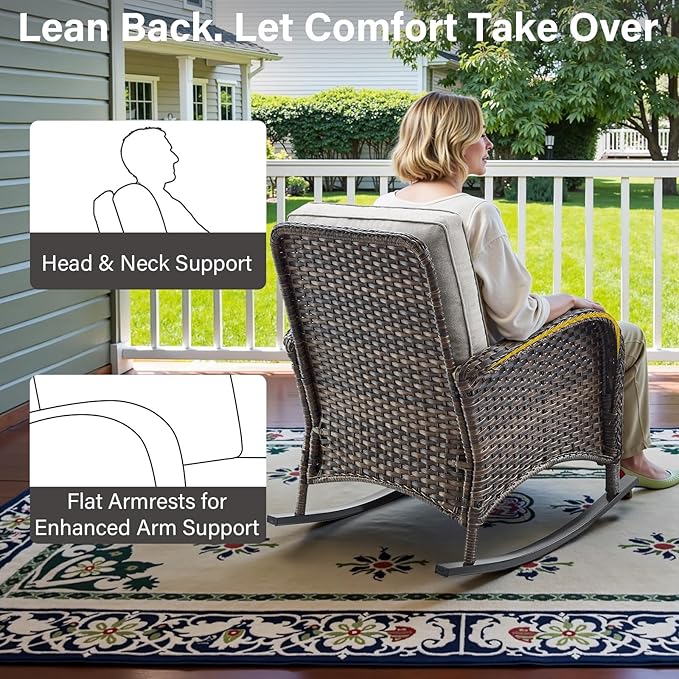 Belord Patio Rocking Chair Wicker Chair, 1 Piece Outdoor Rocking Chair Seating with Cushions for Porch Deck Balcony, Brown/Beige