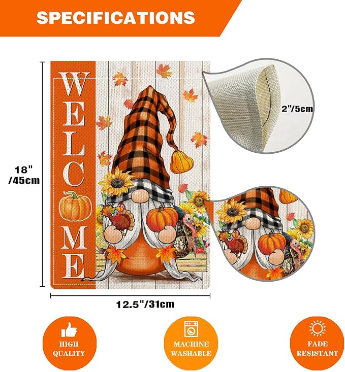 Thanksgiving Day Gnome Garden Flags for Outside, Welcome Fall Garden Flags 12x18 Double Sided, Rustic Pumpkin Sunflower Turkey Holiday Lawn Flags, Fall Gnomes Decorations for Yard Farmhouse
