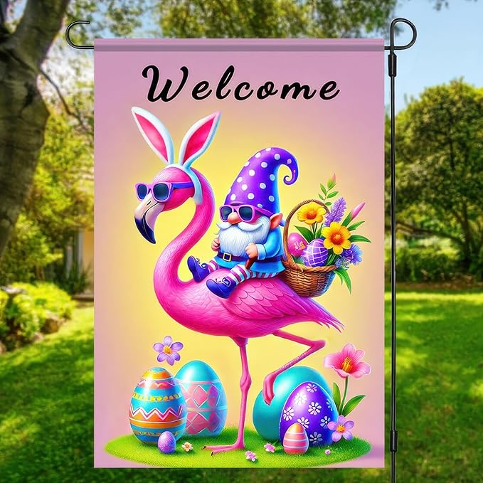 Easter Garden Flag 12" X 18" Double Sided Welcome Easter Flamingo Flag Gnome Garden Flag Gnome and Flamingo Welcome Spring Holiday Yard Outdoor Banner Yard Flags for Party Home Decor