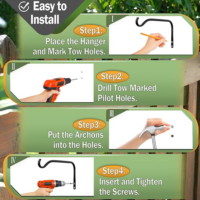 Lifyzoon Durable Plant Hangers Brackets: 2 Pack 12 Inch Outdoor Metal Hanging Plant Brackets - Rustproof Wall Hooks for Hanging Flower Basket Bird Feeders Wind Chimes and Lanterns
