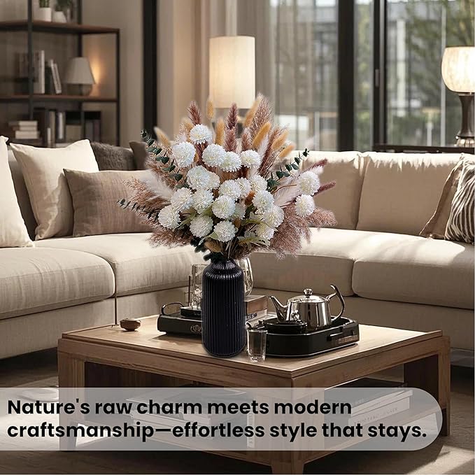 High-End Faux Flower Bouquet with Dried Pampas Grass Decor – Realistic Artificial Flowers Indoor | Faux Peonies, Mums, Ranunculus, Eucalyptus | Dried Floral Arrangements & Vase Fillers for Home Decor