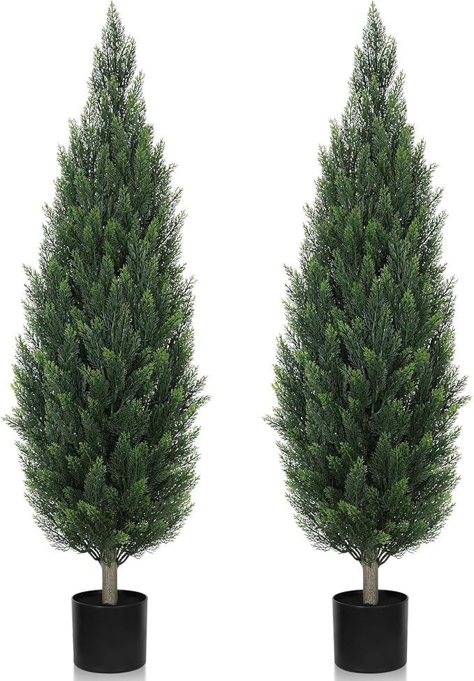 Artificial Cedar Trees Outdoors 4FT - UV Resistant Indoor Faux Topiary Trees, Realistic Potted Cypress Plants for Outside Planter, Fake Shrubs for Home Entrance Patio Front Porch Decor, Set of 2
