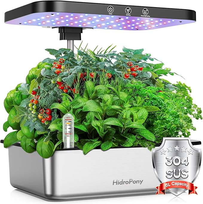 Indoor Garden Hydroponics Growing System: 15 Pods Stainless Steel Herb Garden Kit with Grow Light, Plant Germination Kit, 6L Large Tank, Quiet Pump, Auto Timer, Christmas Gardening Gift for Women
